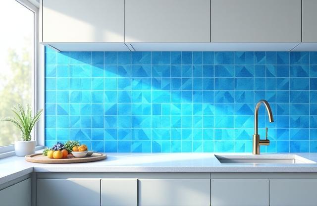 Bright modern kitchen with a blue geometric tile backsplash
